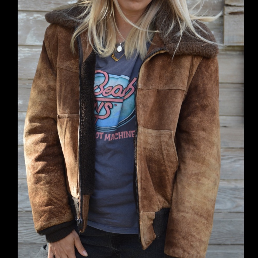 70’s vintage leather brown suede warm bomber coat